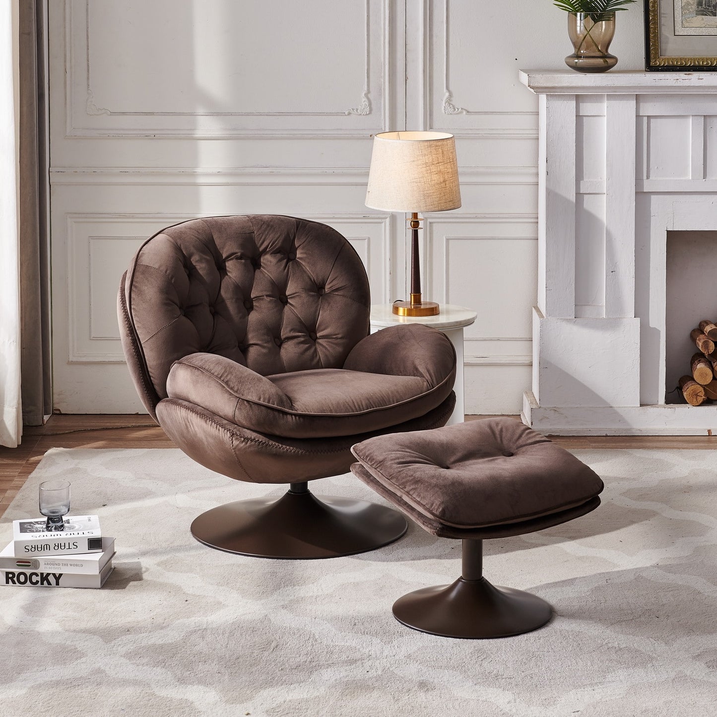 Velvet Swivel Accent Chair with Ottoman Set  Lounge Chair with Footrest Comfy Armchair with 360° Swiveling Cushioned Recliner