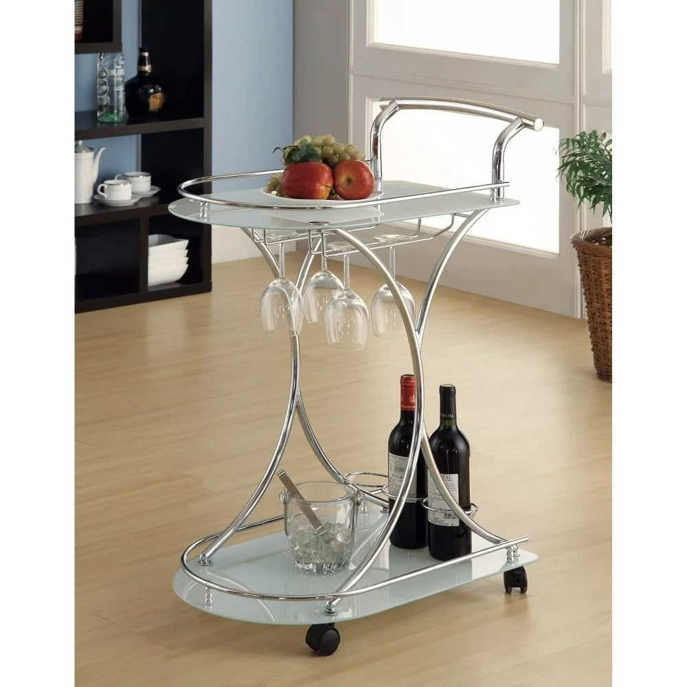 Serving Cart with 2 Frosted Glass Shelves, Silver- Saltoro Sherpi Kitchen Island Table  Folding Cart - youronestopstore23