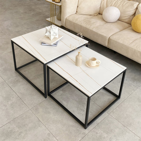 Modern Nesting Coffee Table Set of 2 for Living Room Center Office, Square Marble Cocktail Table with Stackable, White/Black