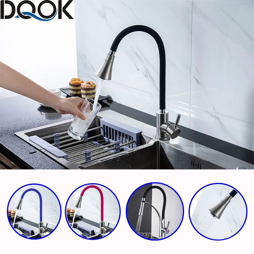DQOK Silica Gel Nose Any Direction Rotating Kitchen Faucet Cold and Hot Black Blue Water Mixer Pink Single Handle Kitchen Tap - youronestopstore23