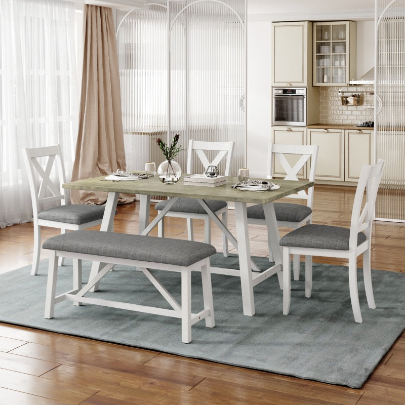 6 Piece Dining Table Set Wood Dining Table and Chair Kitchen Table Set with Table, Bench and 4 Chairs, Rustic Style,White+Gray - youronestopstore23